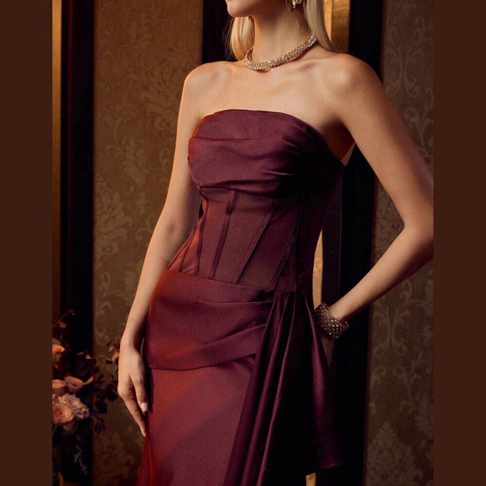 Burgundy Satin Strapless Corset Bodice Draped Side Ruffle Maxi Dress